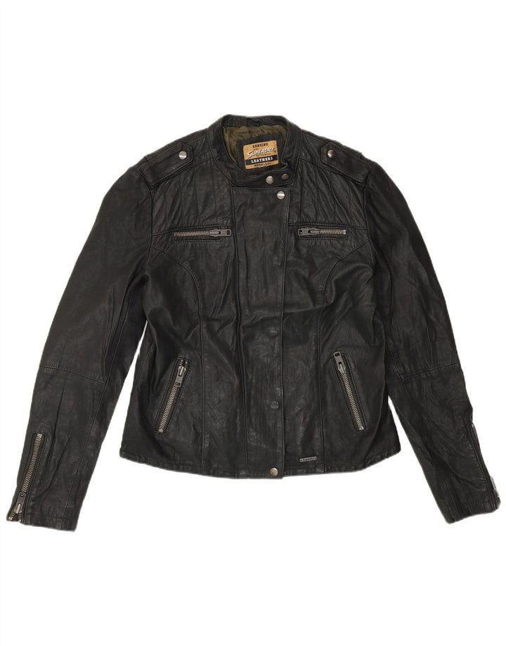 SUPERDRY Veste en cuir pour femme UK 14 Cuir noir moyen