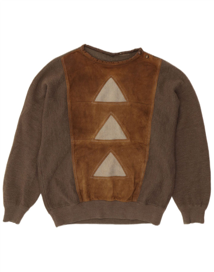 VINTAGE Homme Bouton Col Pull Pull Grande Laine Géométrique Marron
