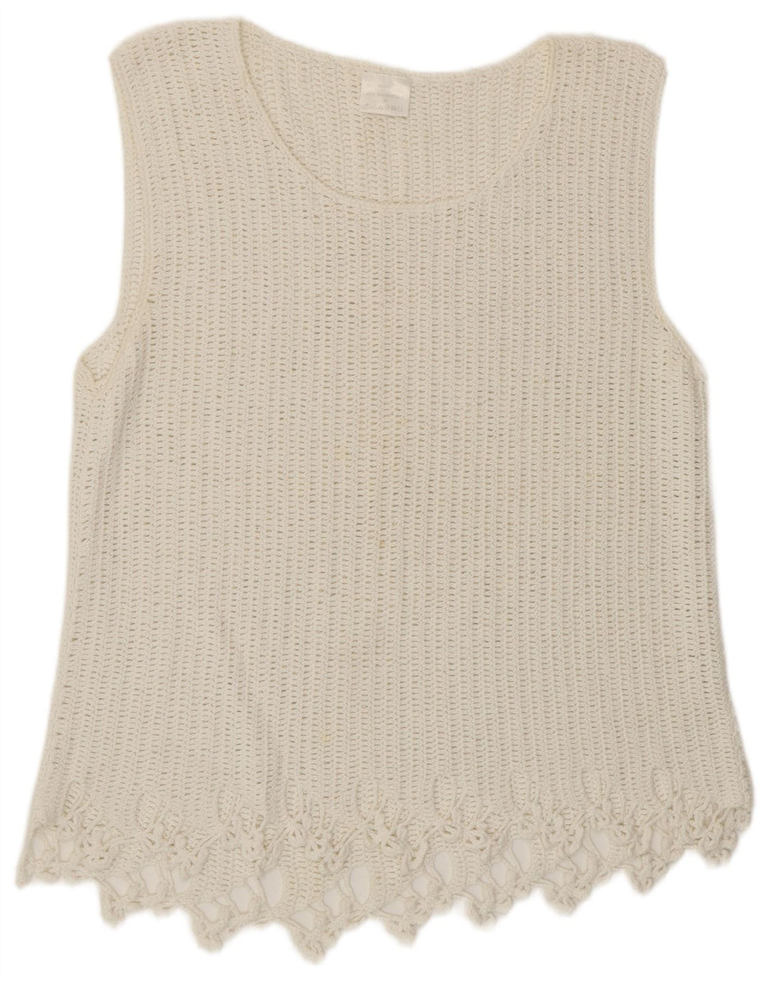 VINTAGE Femmes Crochet Gilet Débardeur EU 46 XL Ramie Blanche