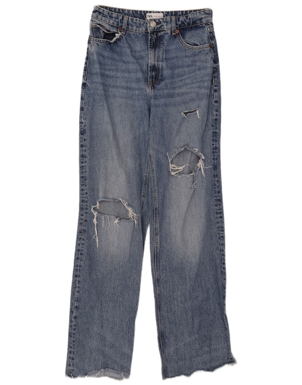 Zara Jeans à jambe large en détresse pour femme EU 40 Medium W30 L33 Bleu Coton