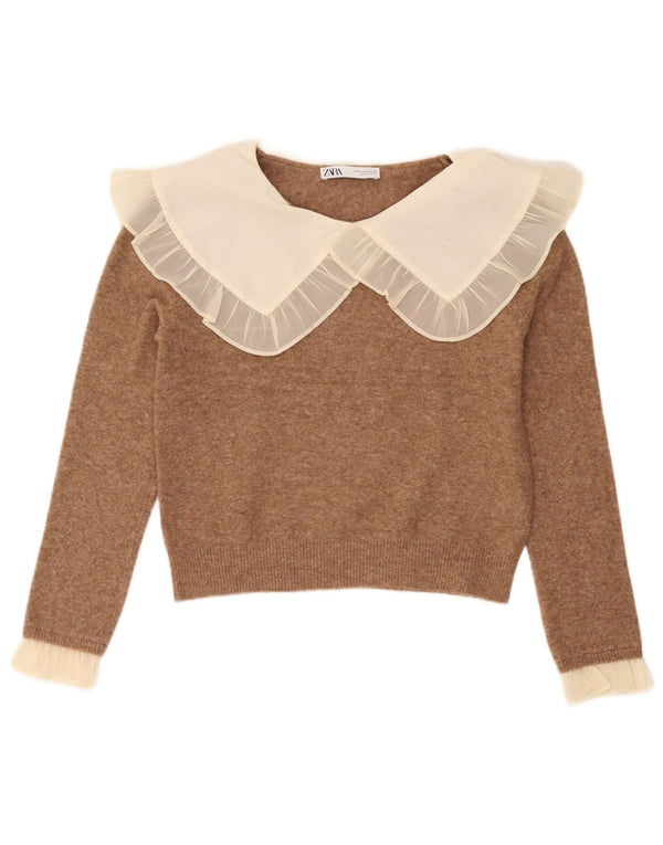 Zara Pull court à col bateau pour femme UK 12 Marron moyen Colourblock