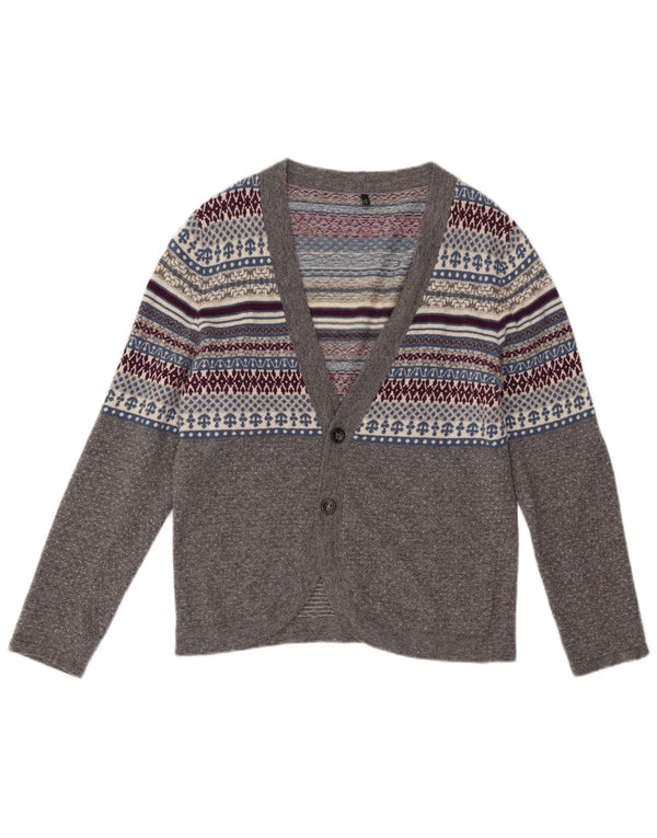 Benetton Pull Cardigan Femme UK 14 Gris Moyen Laine Fair Isle