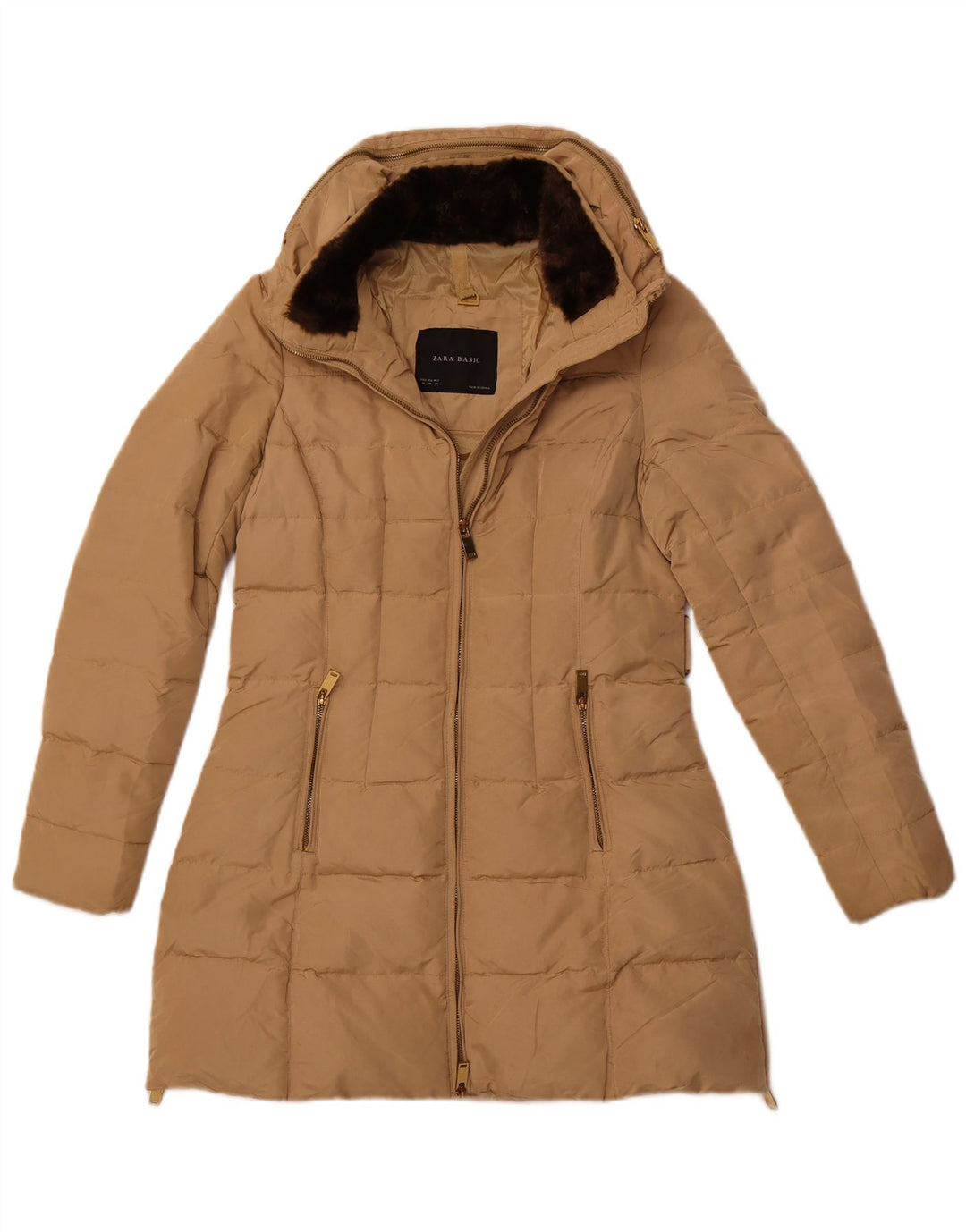 Zara Manteau rembourré à capuche pour femme UK 12 Polyester beige moyen