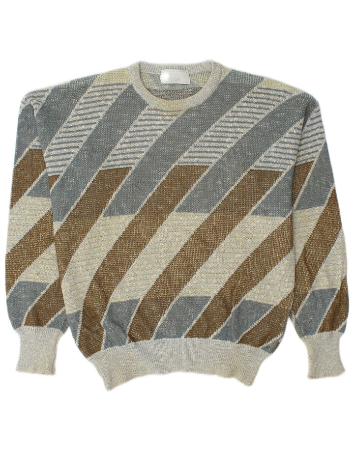 vintage Mens Crew Neck Jumper Pull Moyen Multicolore Rayé Coton