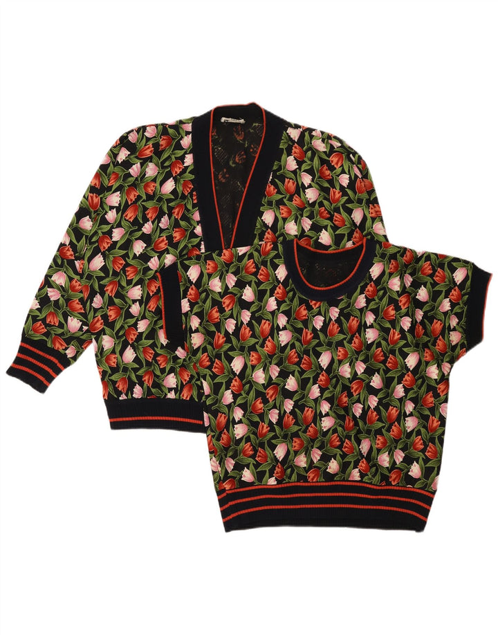 vintage Femmes 2 Pièces Ensemble UK 14 Moyen Noir Floral