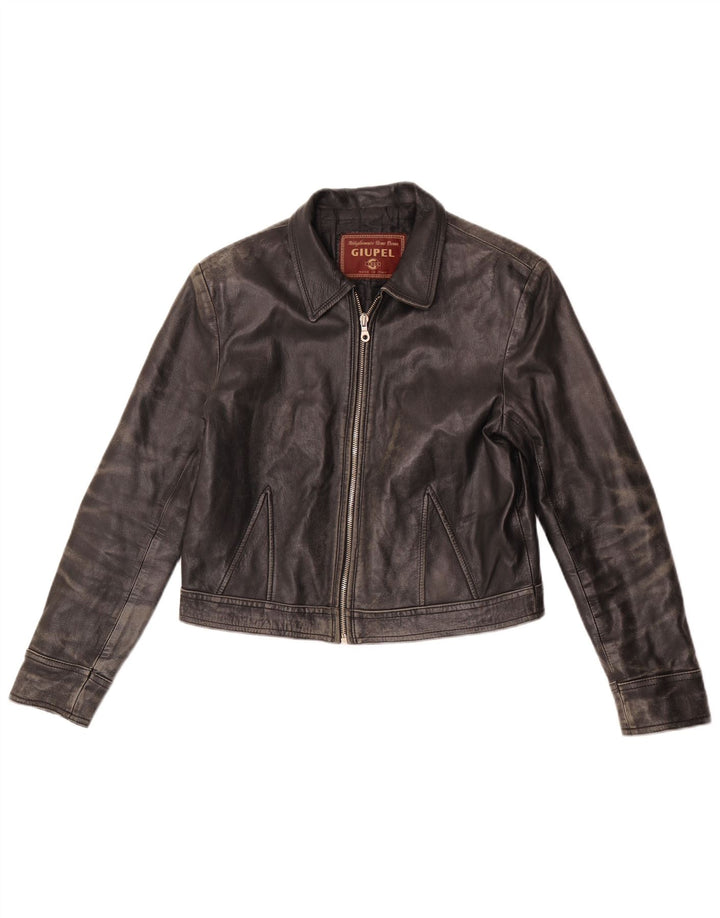 veste en cuir crop femme vintage UK 14 cuir noir moyen