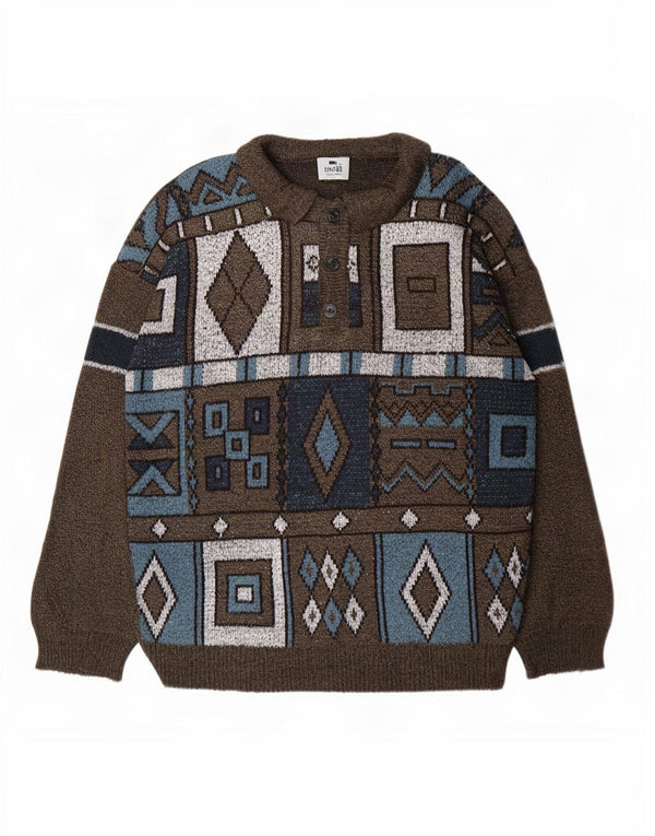 vintage Mens Polo Neck Jumper Pull Grand Marron Géométrique