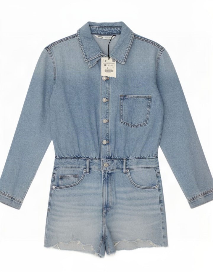 Zara Womens Denim Combishort UK 12 Bleu Moyen Coton