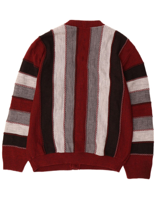 vintage Mens Cardigan Sweater Grand Acrylique Rayé Multicolore