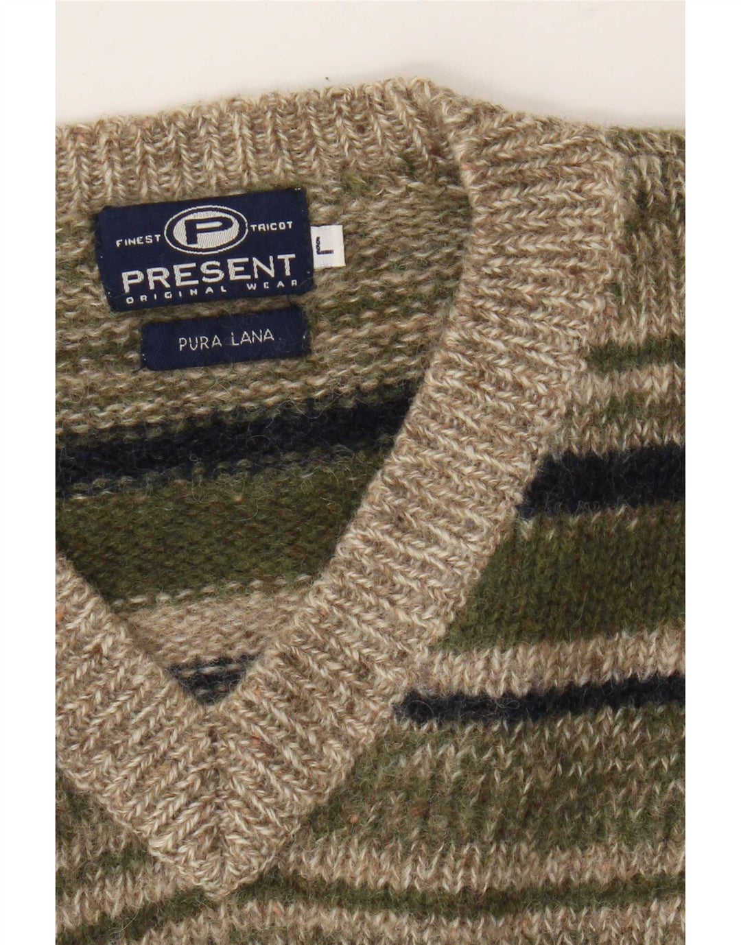vintage Mens V-Col Jumper Sweater Grande laine rayée kaki