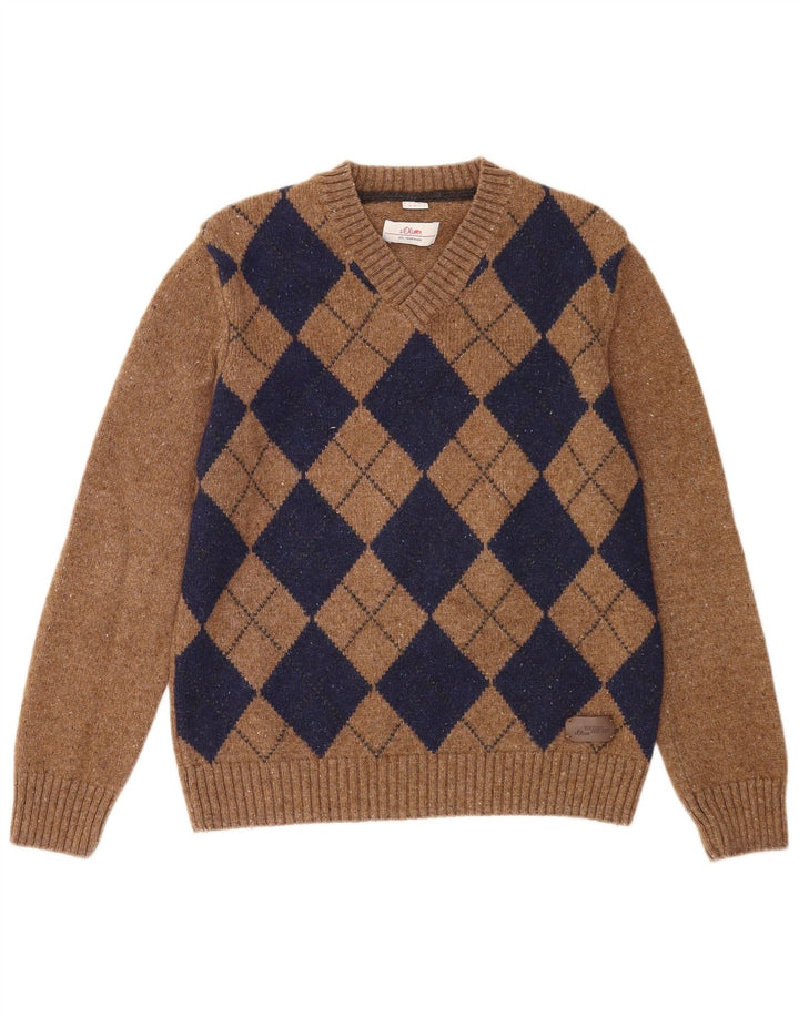 S.Oliver Pull col V pour homme en laine marron à carreaux/losanges