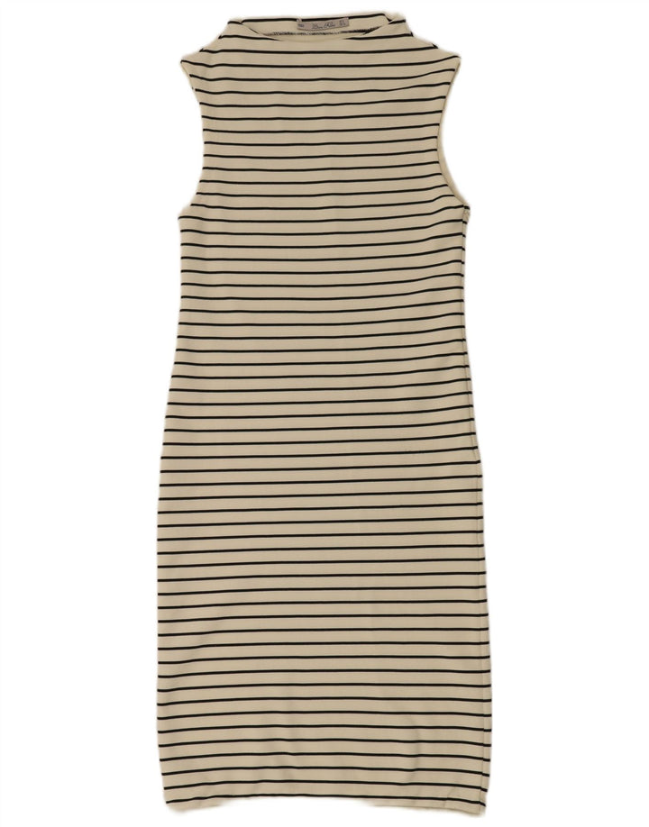 Zara Femme Robe Maxi Sans Manches UK 10 Petit Polyester Rayé Blanc