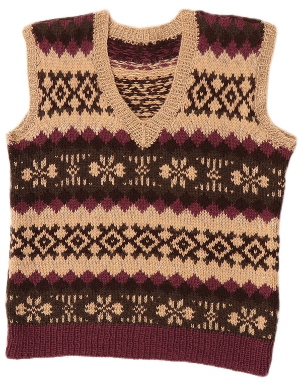 vintage Femmes Crop Vest Débardeur UK 12 Moyen Beige Fair Isle