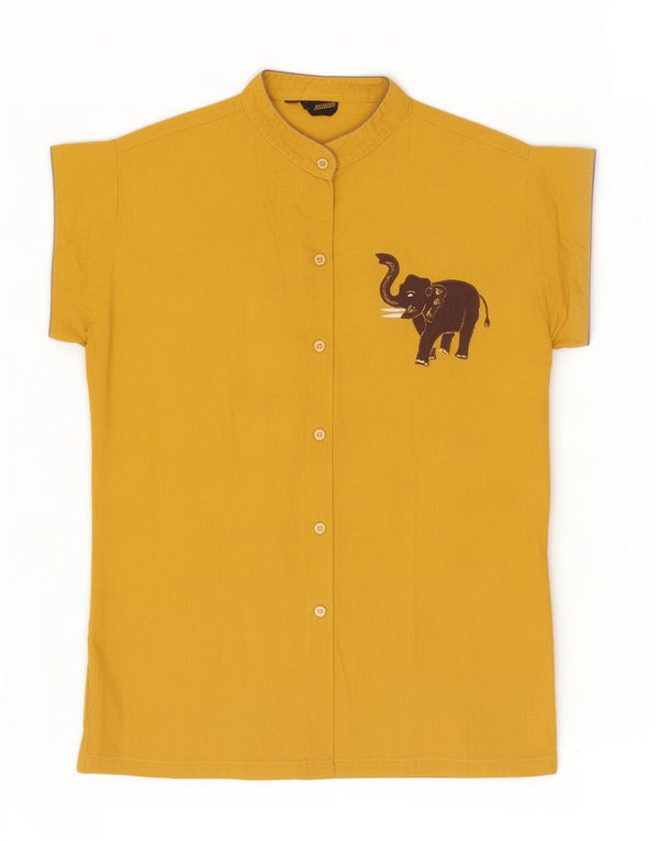 chemise à manches courtes femme vintage UK 14 Grand coton imprimé animal jaune