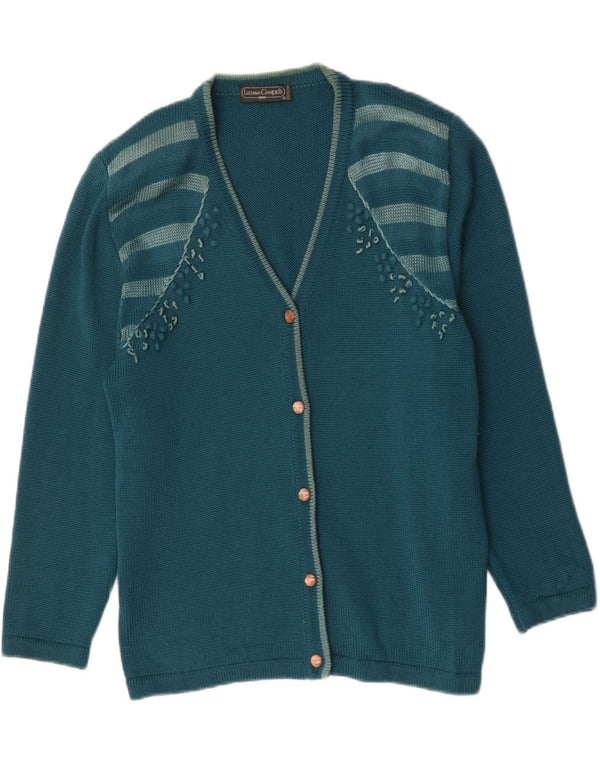 vintage Womens Cardigan Sweater UK 14 Grande laine rayée bleue