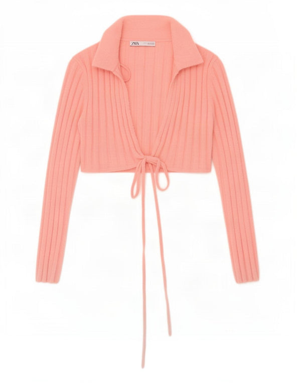 Zara Womens Crop Front Tie Cardigan Top UK 10 Petit Nylon Rose