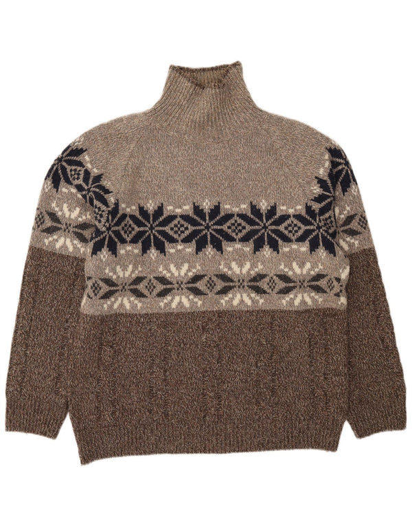 vintage Mens Roll Neck Jumper Pull XL Marron Fair Isle Laine