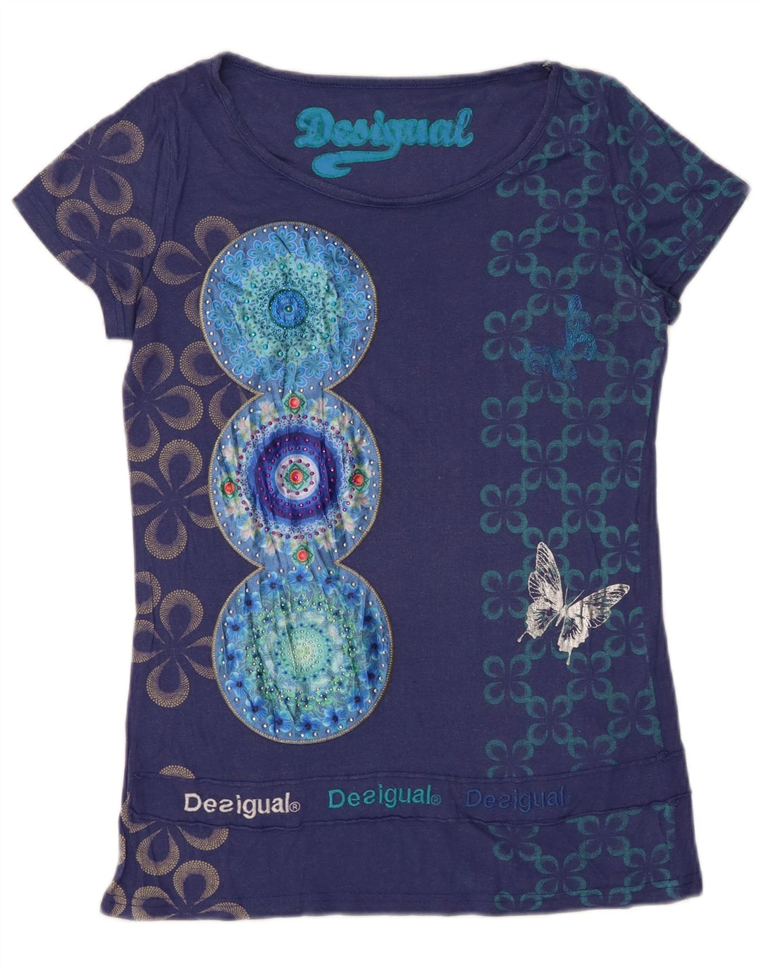DESIGUAL T-shirt graphique pour femme UK 12 Bleu marine moyen floral