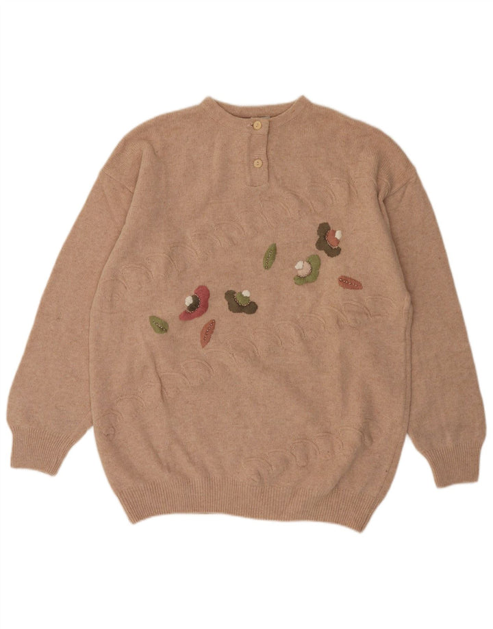 VINTAGE Femme Bouton Cou Jumper Pull UK 14 Moyen Beige Floral