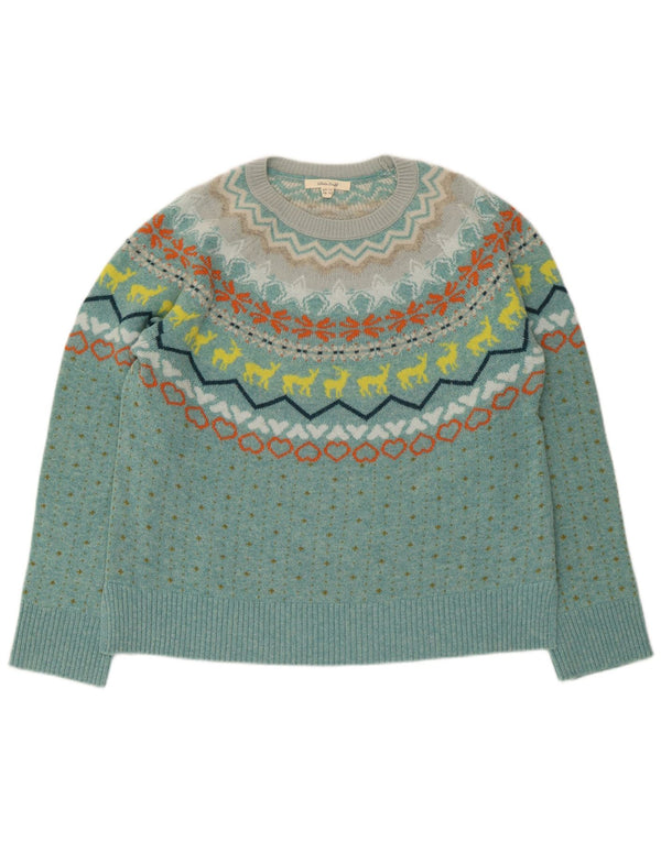 White Stuff Pull à col bateau pour femme UK 14 Large Bleu Fair Isle Wool