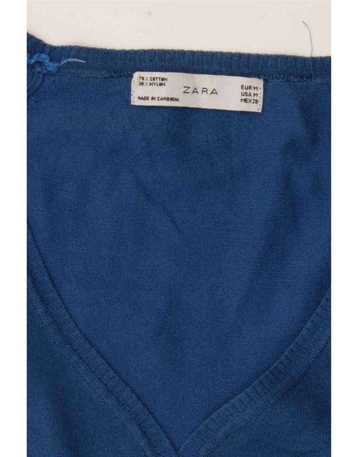 Zara Femme Cardigan Pull UK 12 Bleu Moyen Coton