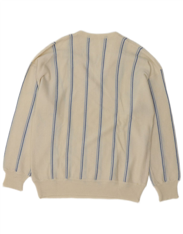 VINTAGE Pull col V pour homme à rayures blanc cassé moyen