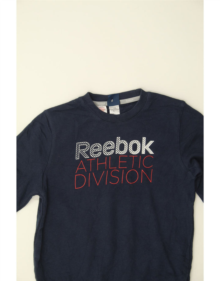 REEBOK Boys Graphic Sweatshirt Jumper 7-8 Years Navy Blue Cotton Vintage Reebok and Second-Hand Reebok from Messina Hembry 