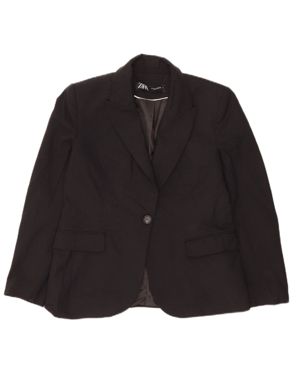 Zara Femme 1 Bouton Blazer Veste EU 40 Moyen Noir Polyester