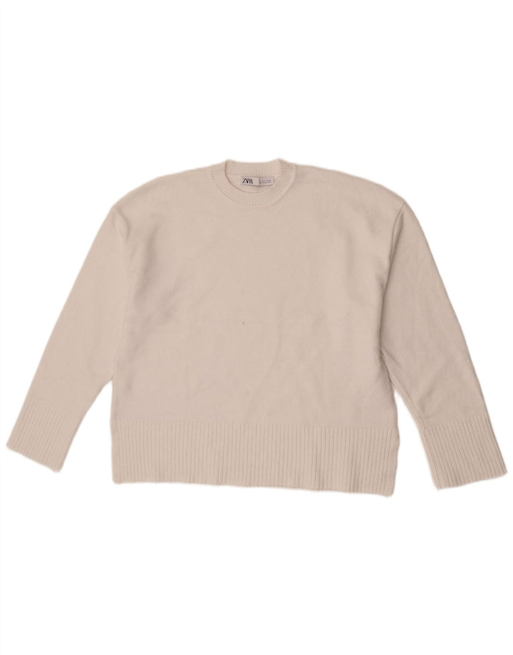 Zara Pull surdimensionné à col rond pour femme UK 10 Petite viscose blanche