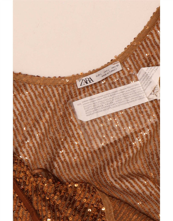 Zara Femme Top Court À Paillettes UK 44 Large Marron Polyester