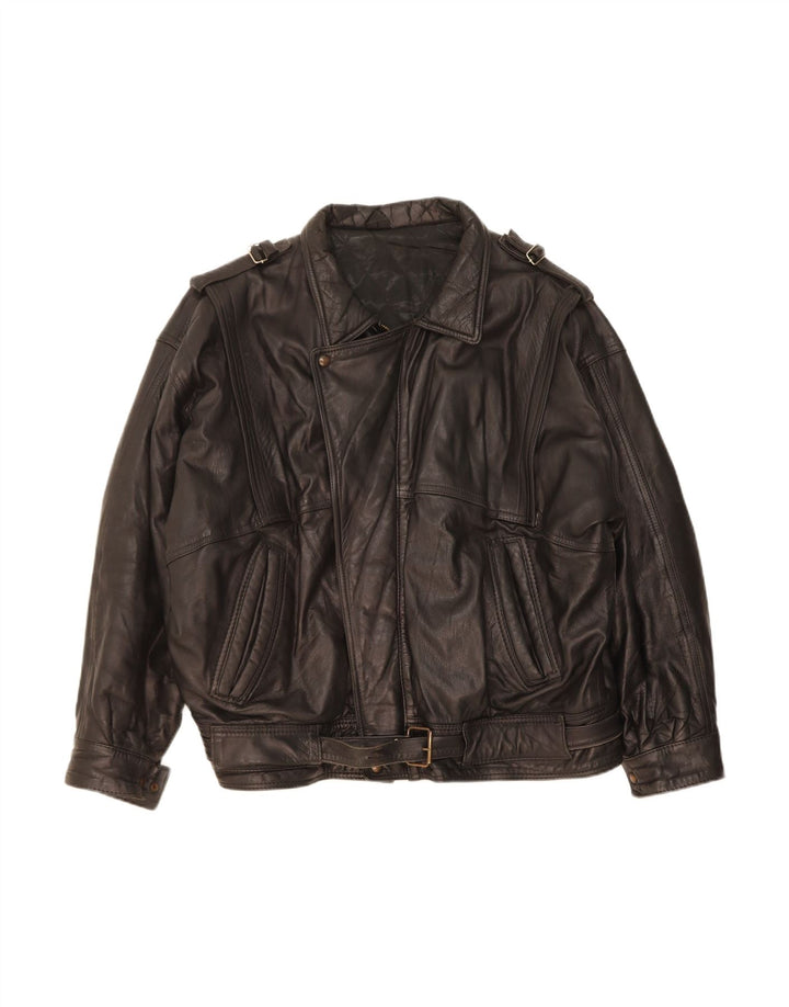 VINTAGE Veste en cuir homme UK 44 2XL Cuir noir