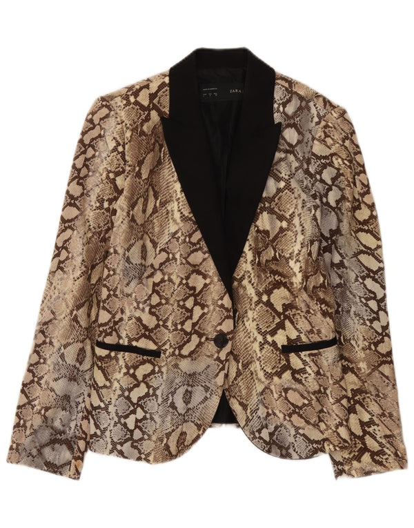 Zara Veste Blazer 1 Bouton Femme UK 14 Grand Coton Beige Imprimé Animal