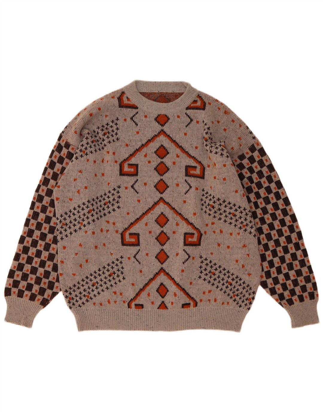 vintage Mens Crew Neck Jumper Sweater IT 52 Grande laine géométrique grise