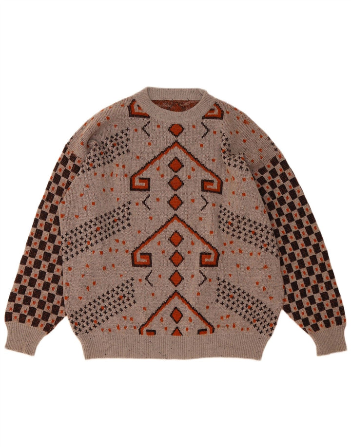 vintage Mens Crew Neck Jumper Sweater IT 52 Grande laine géométrique grise