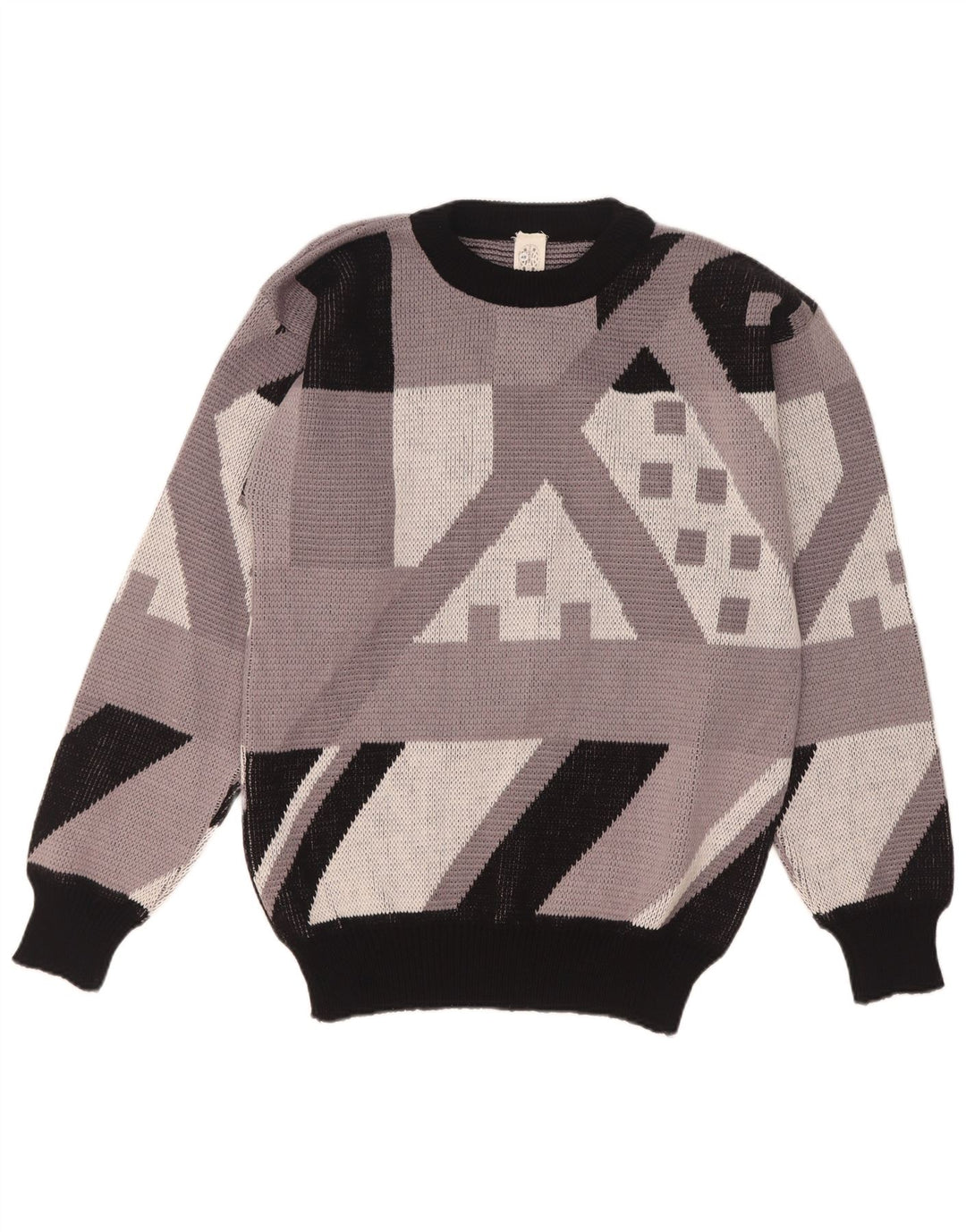 vintage Mens Crew Neck Jumper Sweater IT 48 Moyen Gris Géométrique Acrylique