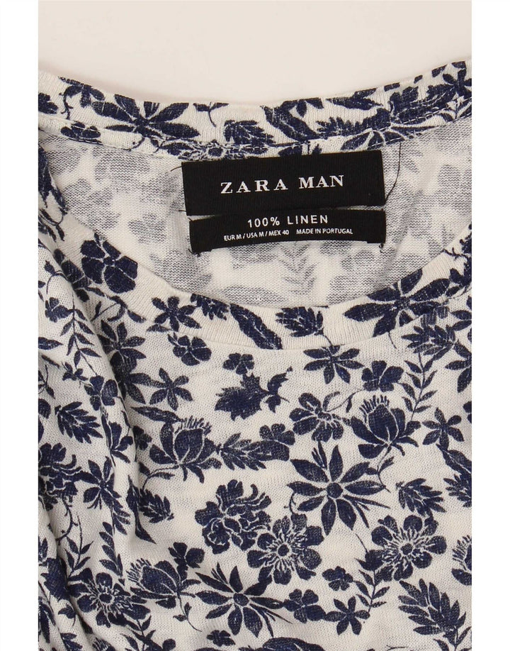 Zara Homme T-Shirt Top Medium Blanc Floral Lin