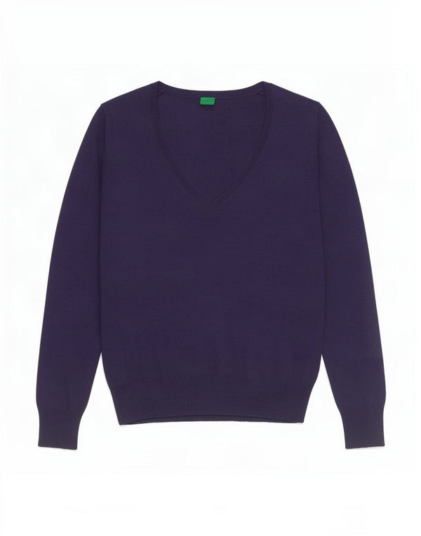 Benetton Pull col V pour femme UK 8 Small Bleu marine