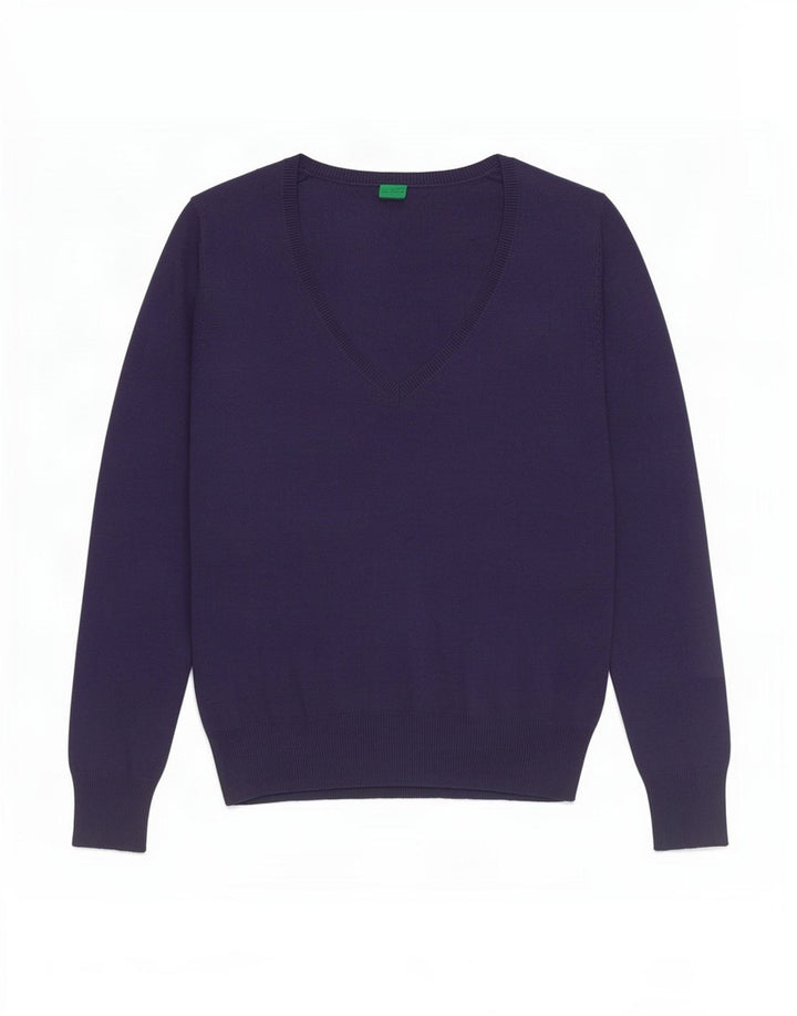 Benetton Pull col V pour femme UK 8 Small Bleu marine