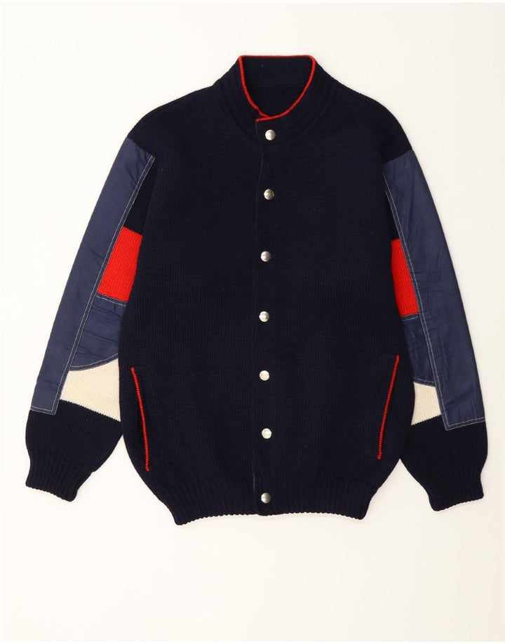 vintage Mens Cardigan Pull Moyen Bleu Marine Colorblock