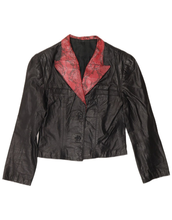 veste blazer en cuir crop femme vintage UK 4 XS imprimé animal noir
