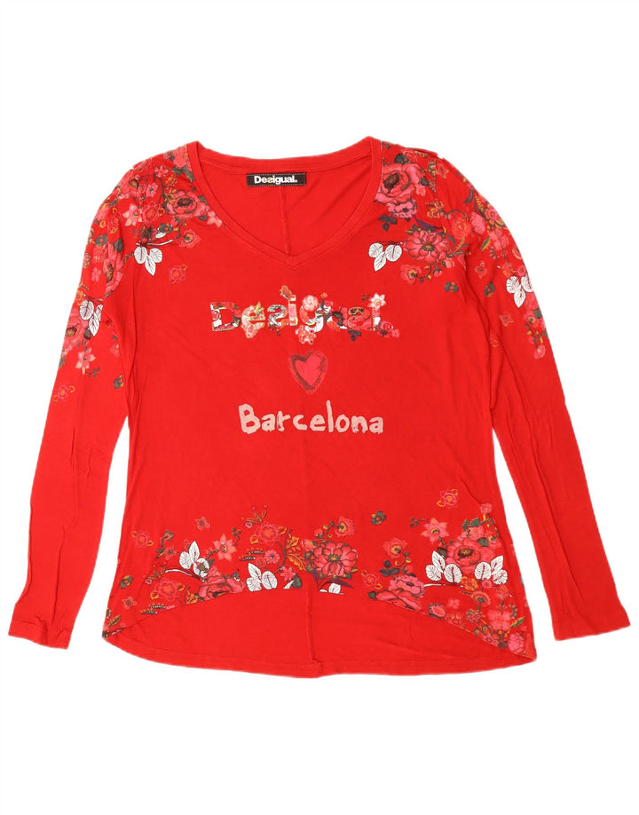 DESIGUAL Haut Barcelone Graphique à Manches Longues pour Femme UK 16 Grand Coeur Rouge