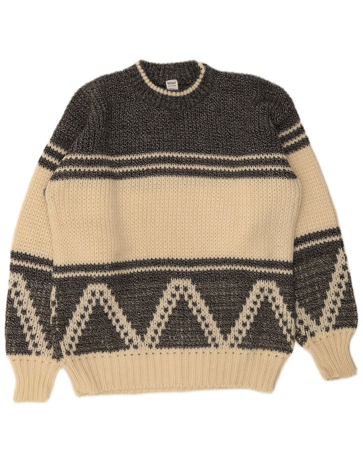 vintage Mens Crew Neck Jumper Pull EU 50 Moyen Off White Géométrique
