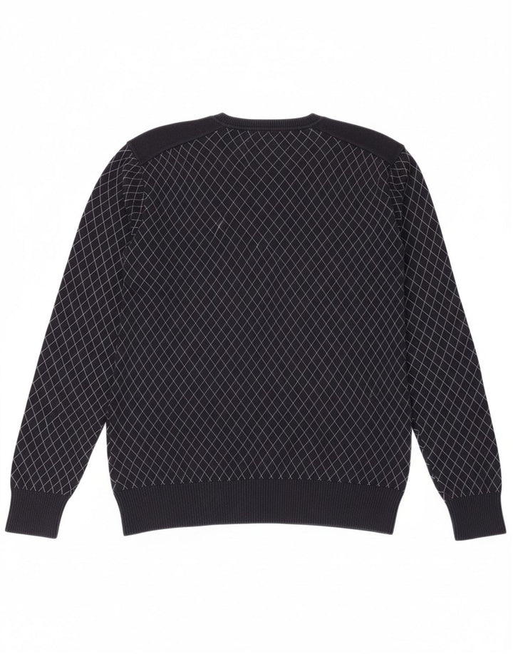 JACK & JONES Mens V-Neck Jumper Sweater Large Navy Blue Check Cotton