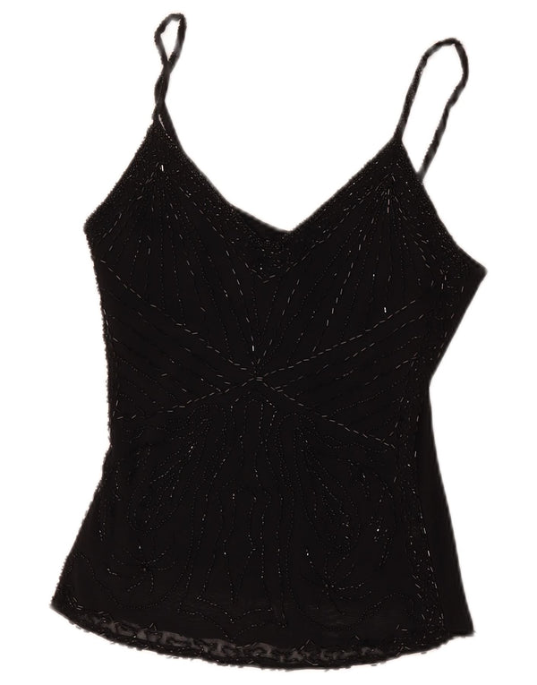 vintage Femmes Cami Top UK 8 Petite Viscose Noire
