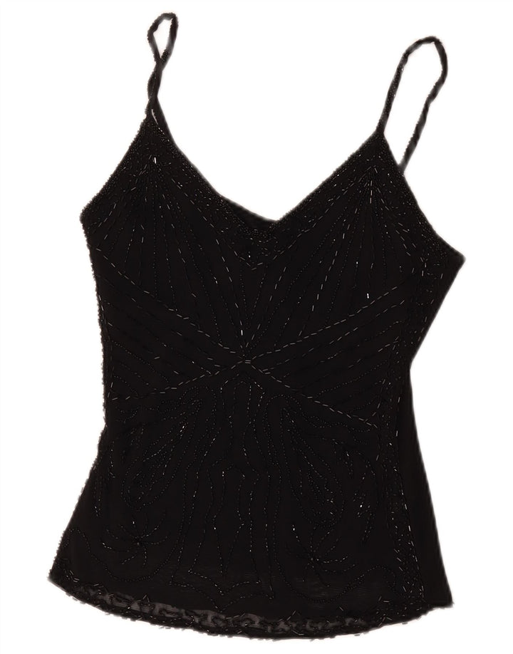 vintage Femmes Cami Top UK 8 Petite Viscose Noire