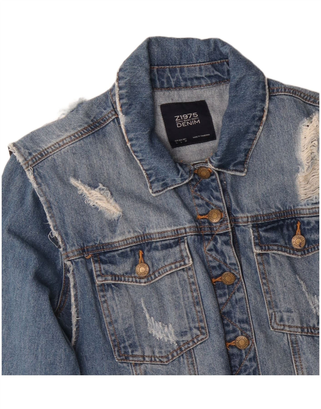 ZARA Veste en jean vieilli pour femme UK 16 Grand coton bleu