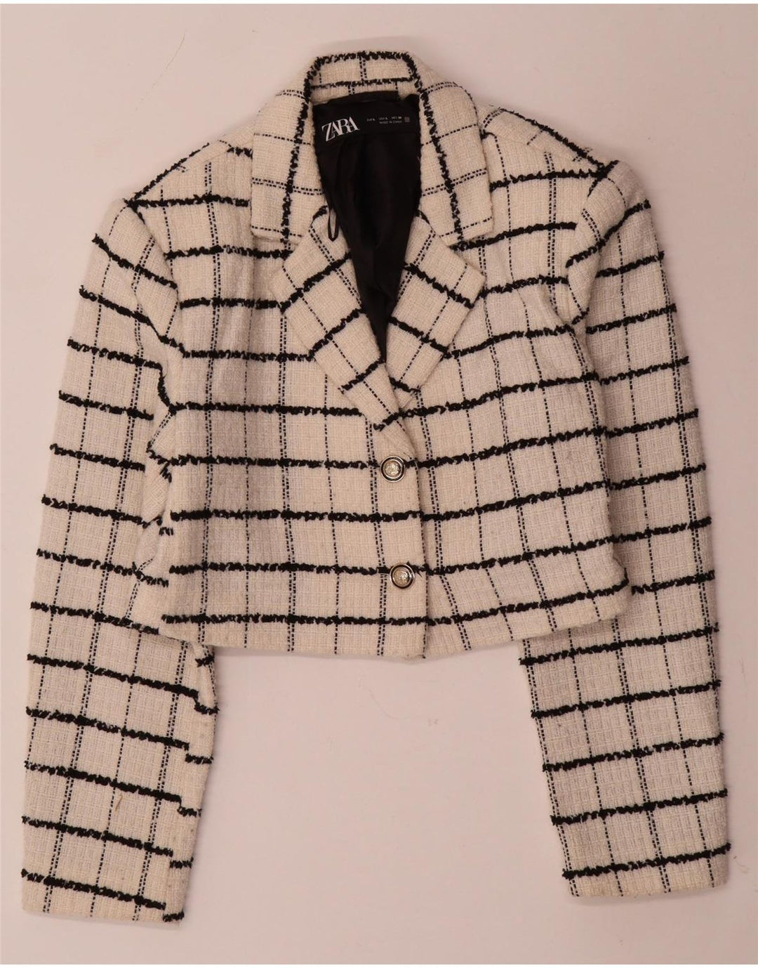 ZARA Veste blazer courte à 2 boutons pour femme UK 14 en laine à carreaux beige
