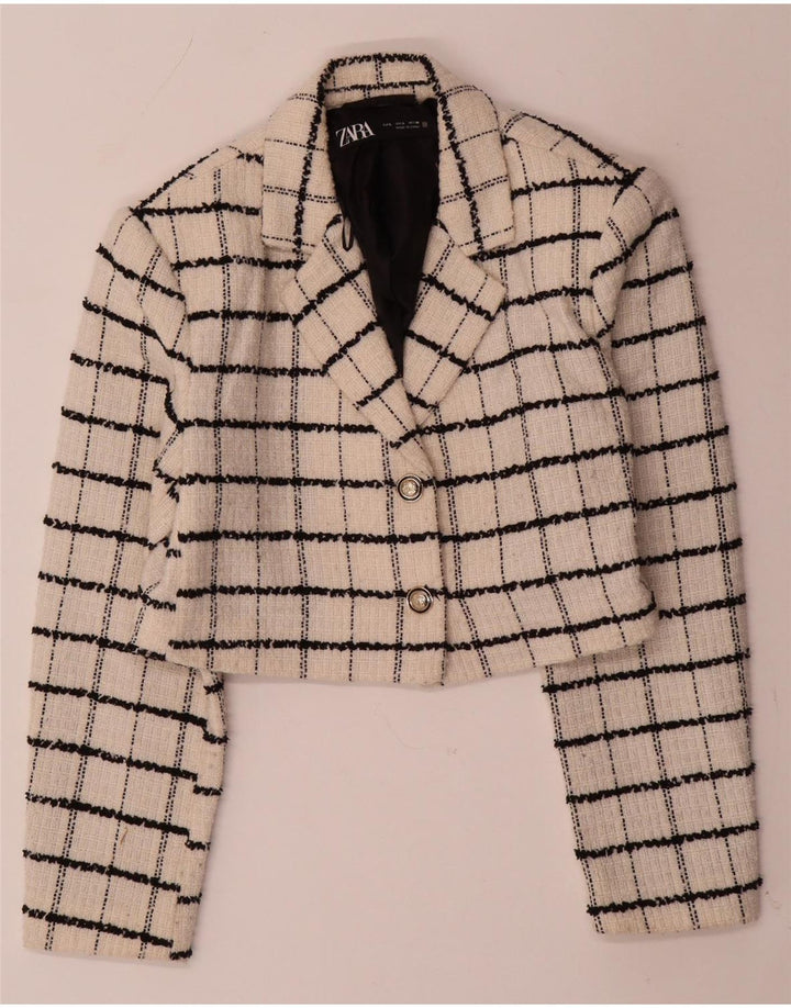 ZARA Veste blazer courte à 2 boutons pour femme UK 14 en laine à carreaux beige