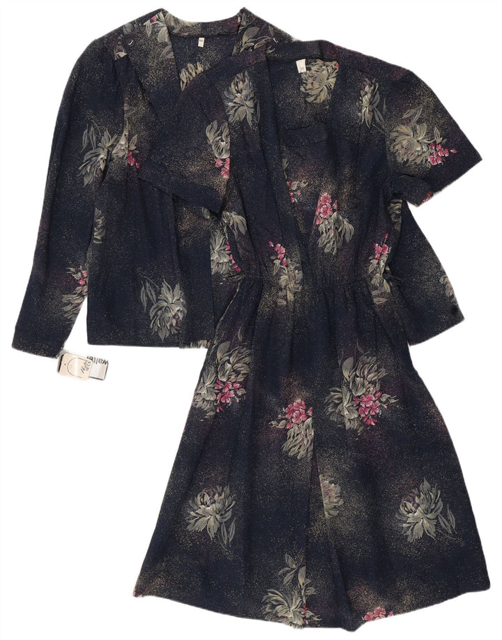 VINTAGE Ensemble 2 Pièces Femme IT 50 XL Bleu Marine Floral Polyester