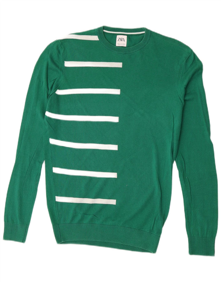 Zara Pull à col rond en coton rayé vert moyen pour homme